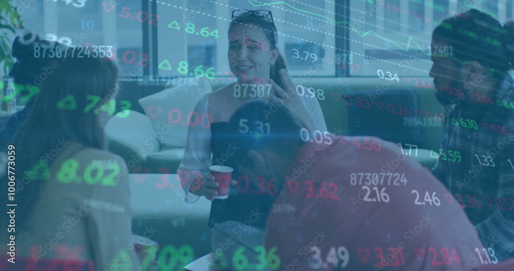 Poster image of financial data processing over diverse colleagues discussing work in office