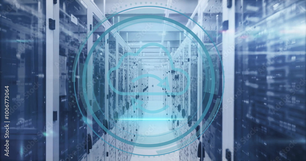 Poster image of padlock icons and digital data processing over computer servers