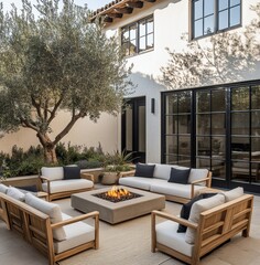 Elegant outdoor seating area with modern furniture and fire pit surrounded by greenery in a sunlit...