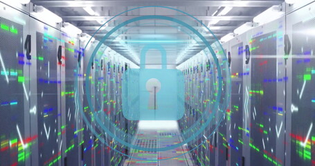 Image of padlock icon and digital data processing over computer servers