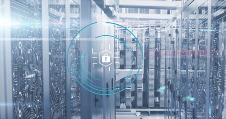 Image of padlock icon and digital data processing over computer servers