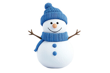 Cheerful snowman wearing a blue hat and scarf, white isolated background. transparent background