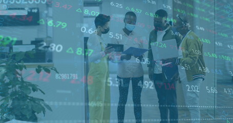 Image of financial data processing over diverse colleagues discussing work in office