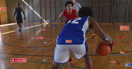 Image of icons and data processing over diverse male basketball players