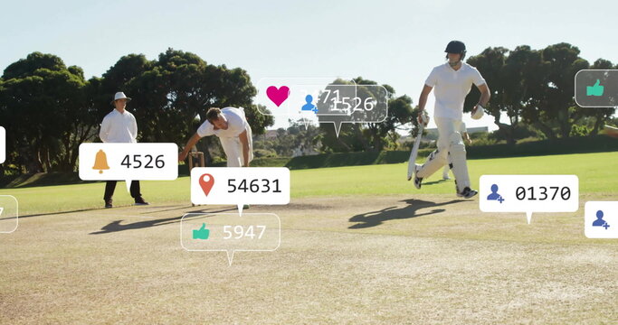Image of icons and data processing over diverse male cricket players