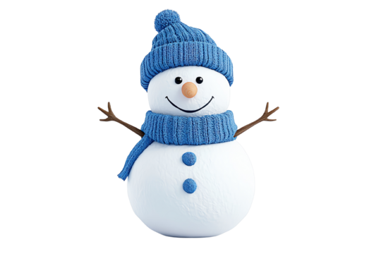 Cheerful snowman wearing a blue hat and scarf, white isolated background. transparent background