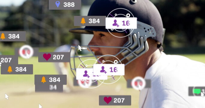Image of icons and data processing over caucasian male cricket player