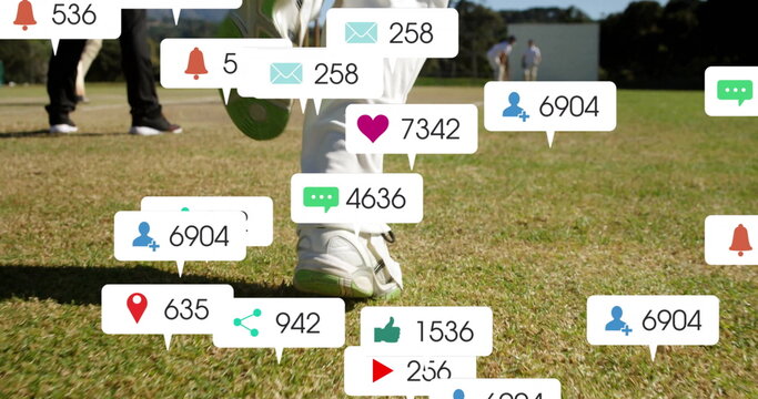 Image of icons and data processing over male cricket players