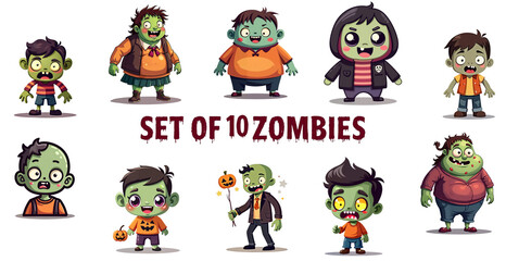 Obraz premium collection of 10 zombie illustrations isolated with no background. Cute female and male green monsters in cartoon style