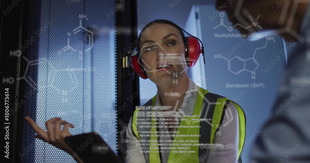 Poster image of data processing and chemical formula over diverse workers in server room