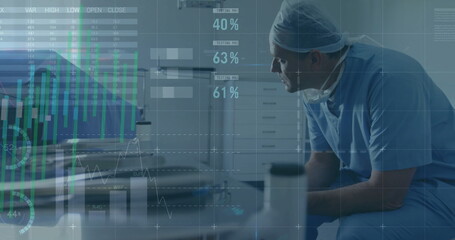 Image of statistics and data processing over caucasian male surgeon