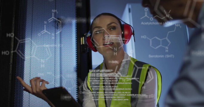 Image of data processing and chemical formula over diverse workers in server room