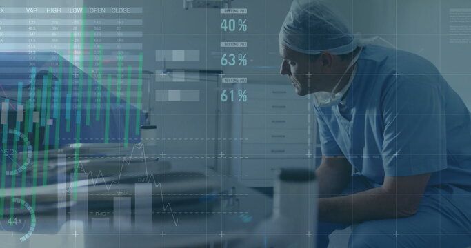 Image of statistics and data processing over caucasian male surgeon