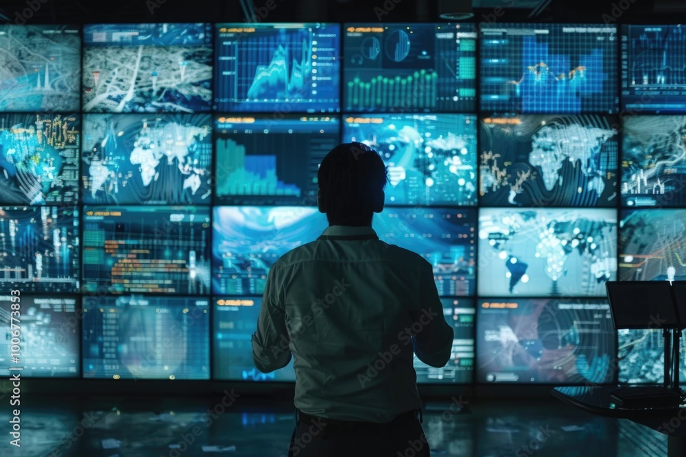 Aufkleber A person standing in front of a large display of multiple TV screens, potentially used for presentation or surveillance
