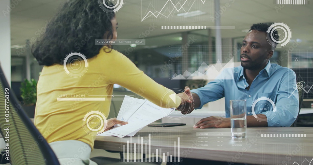 Poster image of financial data processing over diverse colleagues discussing work in office