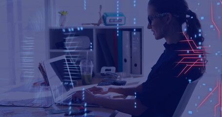 Working on laptop, woman in office with digital data processing image over