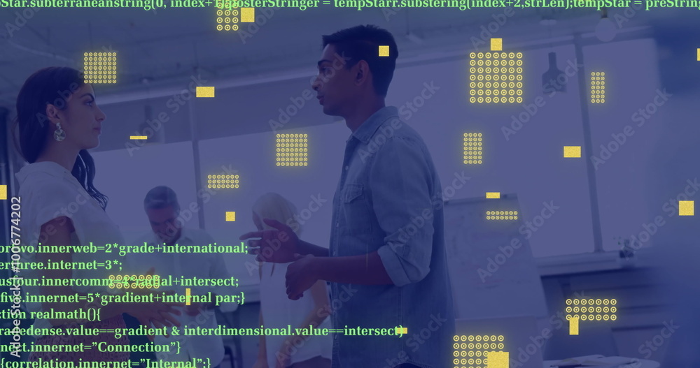 Poster digital data and coding image over business people shaking hands in office