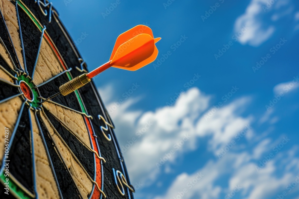Poster A single orange dart placed at the center of a standard dartboard, ready for play