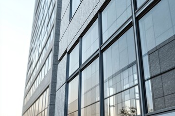 Obraz premium Low angle view of a modern office building with large glass windows.