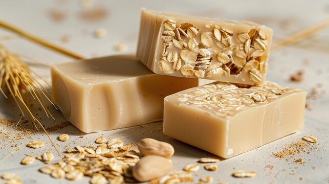  oat soap bars, one bar is cut in half to reveal the inside of it, and there's an oat next to them, neutral background