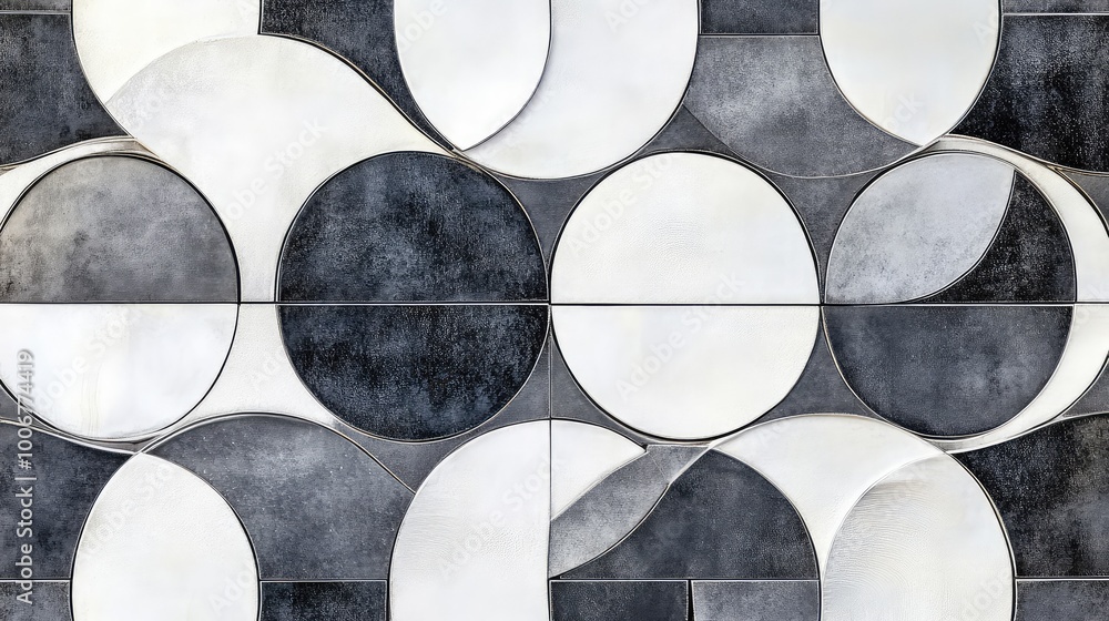 Aufkleber interlocking circles in various shades of gray and white, arranged across a tile background in a flu