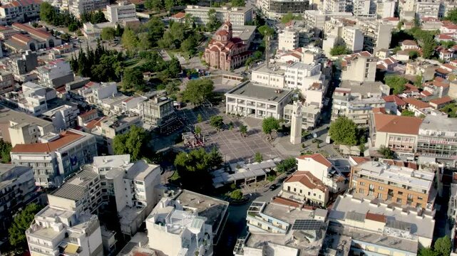 Xanthi Greece Central Plaza Aerial Video, City Center and Clock Tower View, Drone Dolly Shot