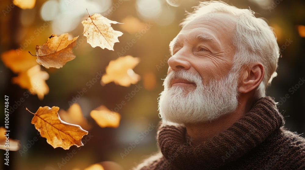 Wall mural Old man with trimmed white beard in autmn with falling foliage on a sunny day with sunlight, a bokeh effect, autumn time