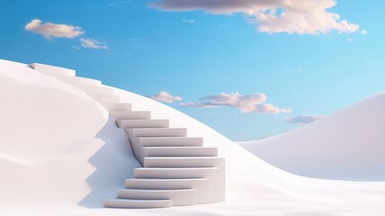 Stairs leading to a bright blue sky, surrounded by white sand dunes.