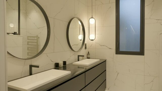 Modern bathroom with two luxurious basins and round mirrors.