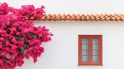 Mediterranean-style beauty salon exterior with white stucco walls, terracotta roof tiles, and colorful flowers, Beauty Salon, Mediterranean Charm