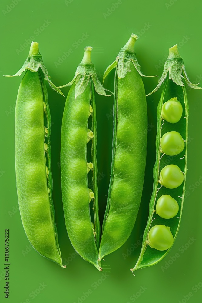 Poster a group of peas sitting on a green surface, ideal for use in illustrations or design projects