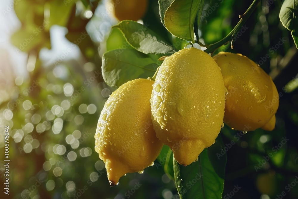 Poster a cluster of lemons hanging from a tree branch, ripe and ready to be picked
