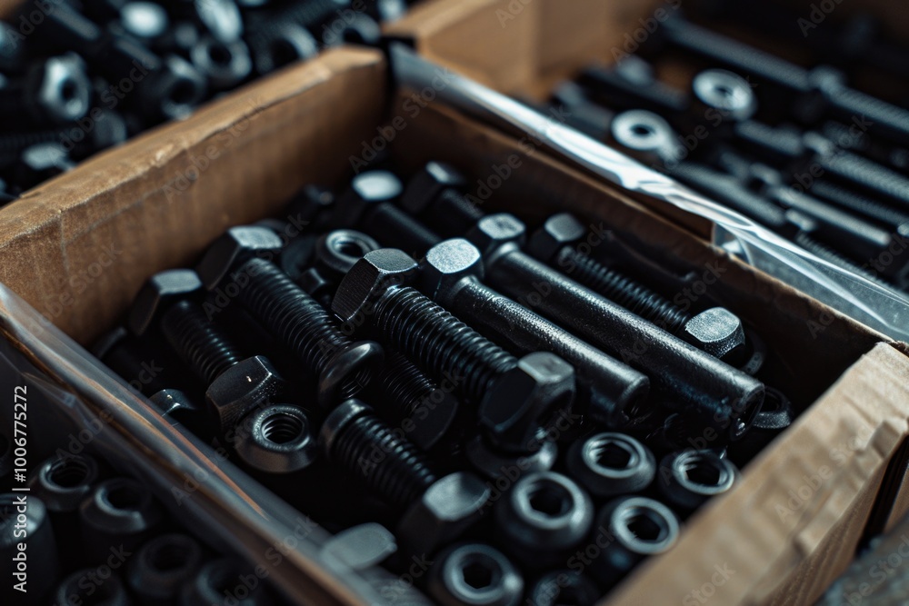 Poster a wooden box filled with various types of nuts and bolts for diy projects or repairs