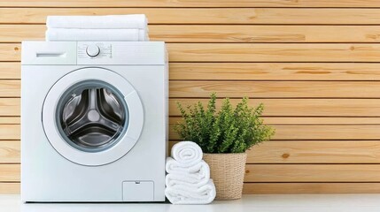 Freshly cleaned towels are neatly stacked on a table next to a modern washing machine in a well-lit laundry room, showcasing a tidy, organized space