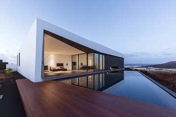 Fototapeta premium Modern white house with a swimming pool and wooden deck in front of a blue sky and a mountain in the background.