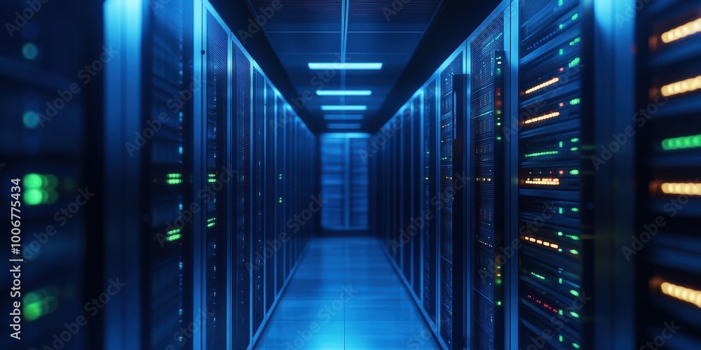 Aufkleber a high-tech data center corridor illuminated with blue and green lights, showcasing rows of server r