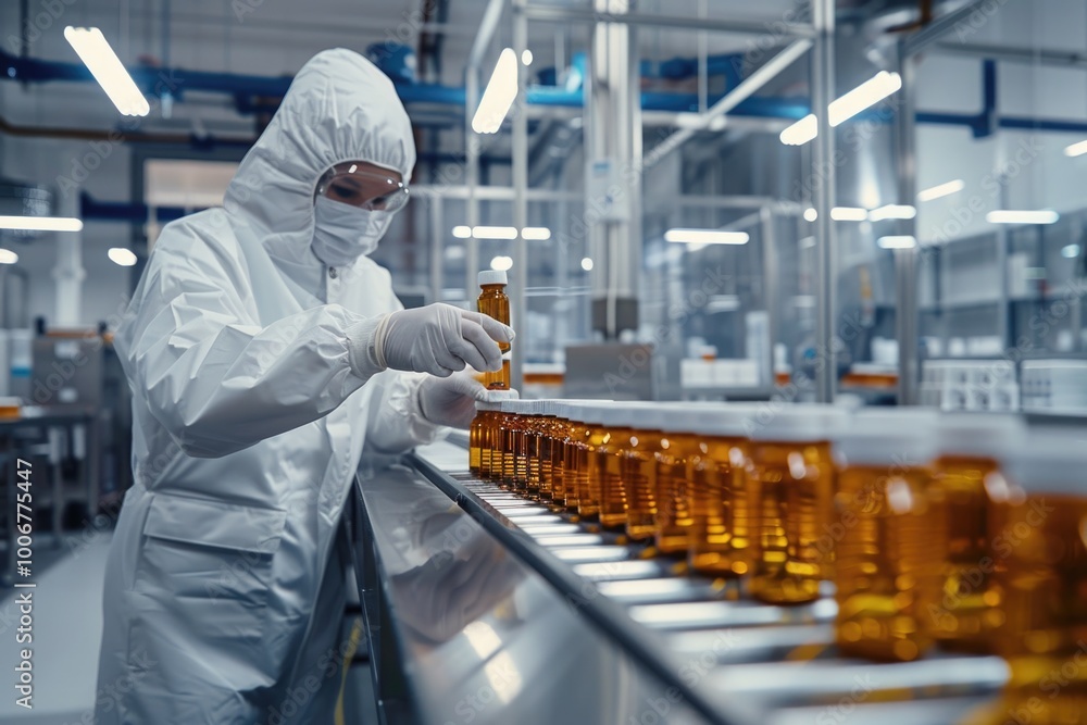 Poster a worker in a white suit operating on a conveyor belt, with machinery and products in the background
