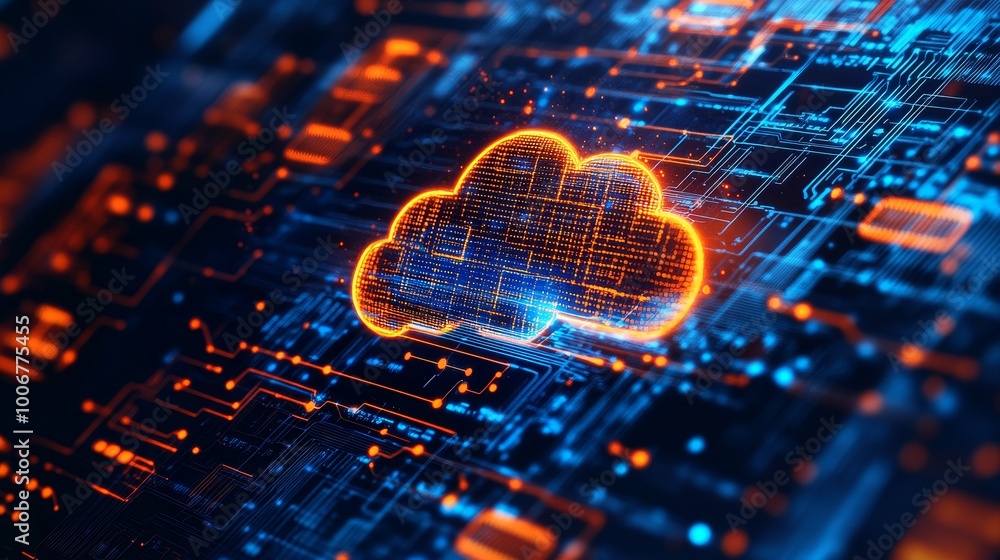 Poster a digital cloud symbol connected by intricate circuits represents modern cloud technology and data c