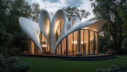 Naklejka premium Modern, white, flowing, curved, glass, and concrete home in a forest setting with large windows.