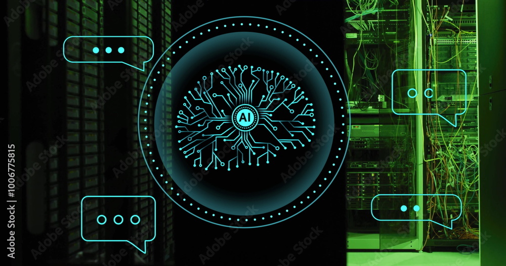 Poster image of ai chat dialogue and scanner with ai brain network over servers