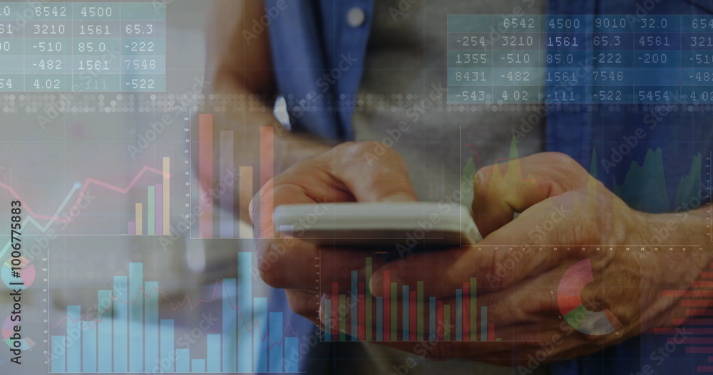 Poster image of financial data processing over caucasian man using smartphone
