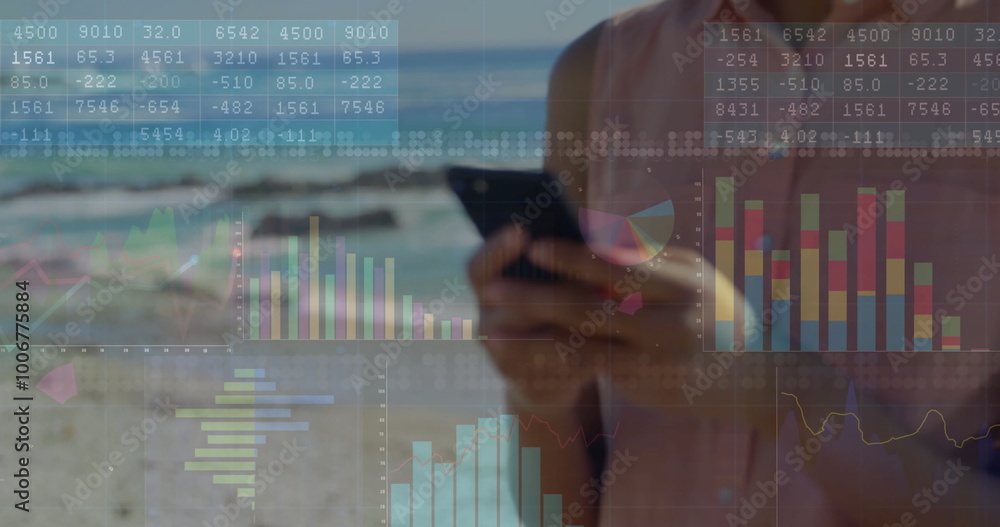 Aufkleber image of data processing and diagrams over caucasian woman using on smartphone at beach