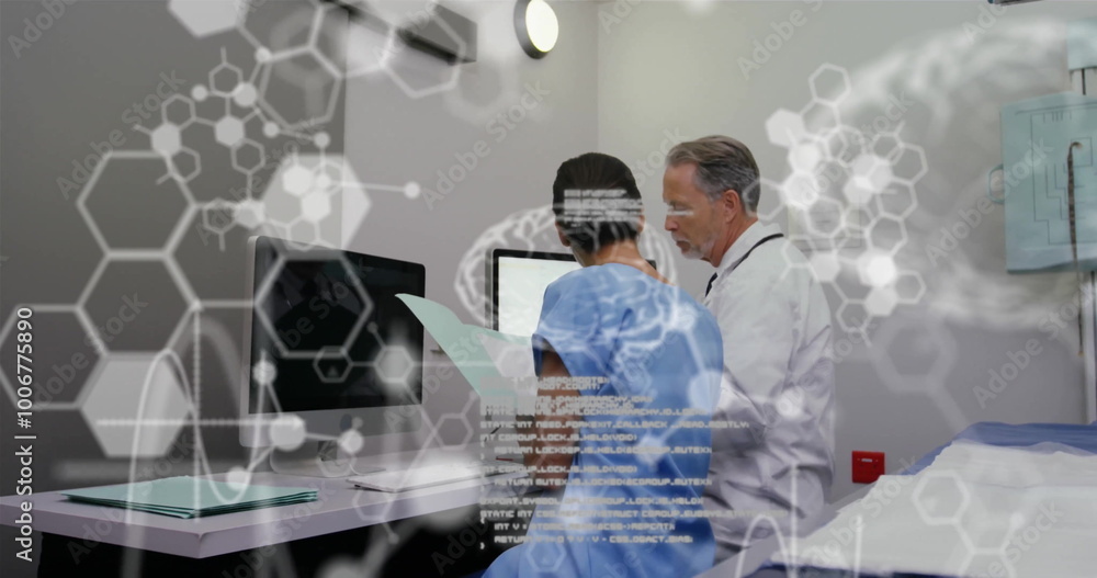 Poster image of brain with molecules and data processing over diverse doctors working in hospital