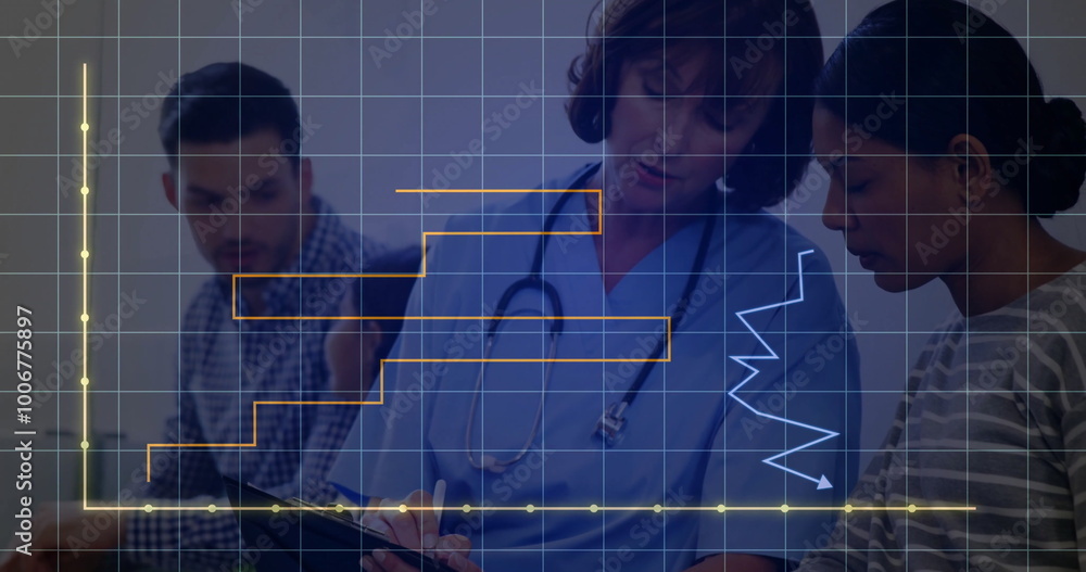 Aufkleber image of statistics and data processing over diverse doctors