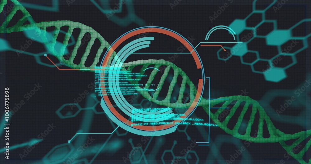 Canvas Prints image of dna strand with chemical formula and data processing on black background