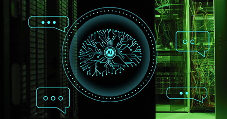 Image of ai chat dialogue and scanner with ai brain network over servers