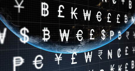 Image of world currency symbols over globe in space