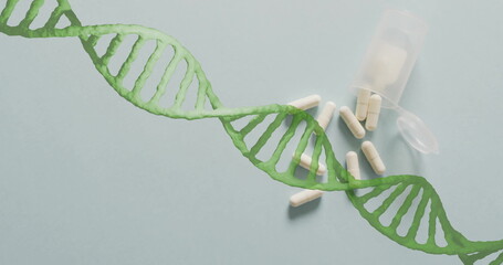 Image of dna strand and data processing over medication