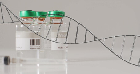Image of dna strand and data processing over vaccination