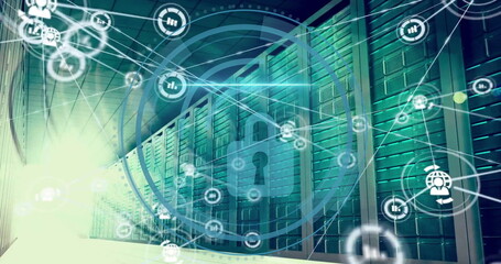 Image of padlock icon and digital data processing over computer servers